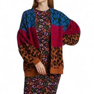 Farm Rio Striped Leopard Cardigan Sweater Open Front Womens XS Oversized